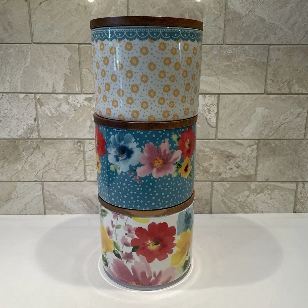 Pioneer Woman Stackable 3-Piece Stoneware China Canister Set Floral Medley EUC